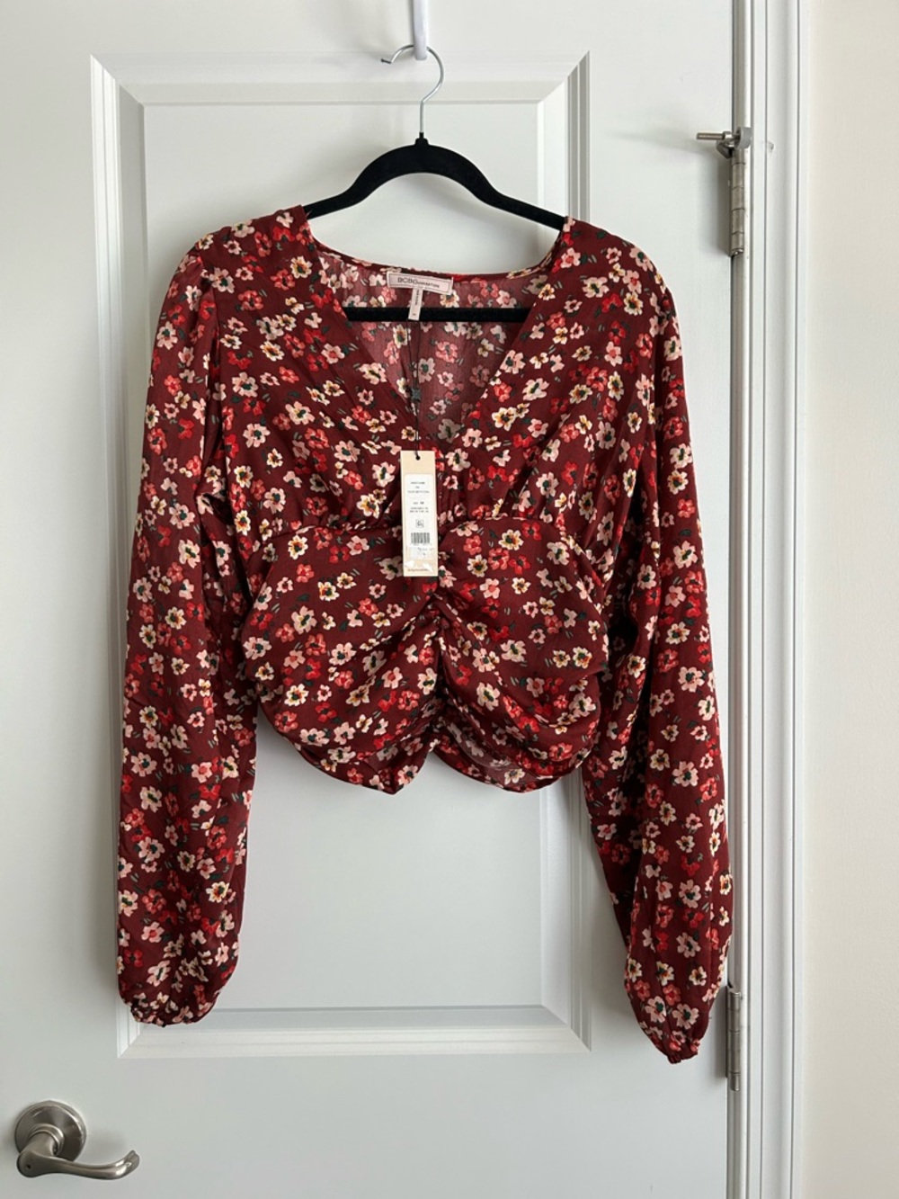 BCBGeneration Red Floral Twist-Front Long Sleeve Blouse